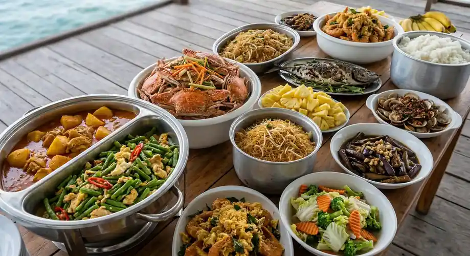 Assorted dishes available at the guest buffet meals Bigfin Water Bungalow